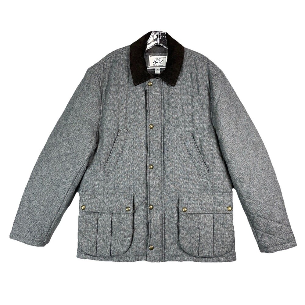 Jos A Bank Men XL Wool Quilted Barn Chore Coat Herringbone Corduroy Collar Gray